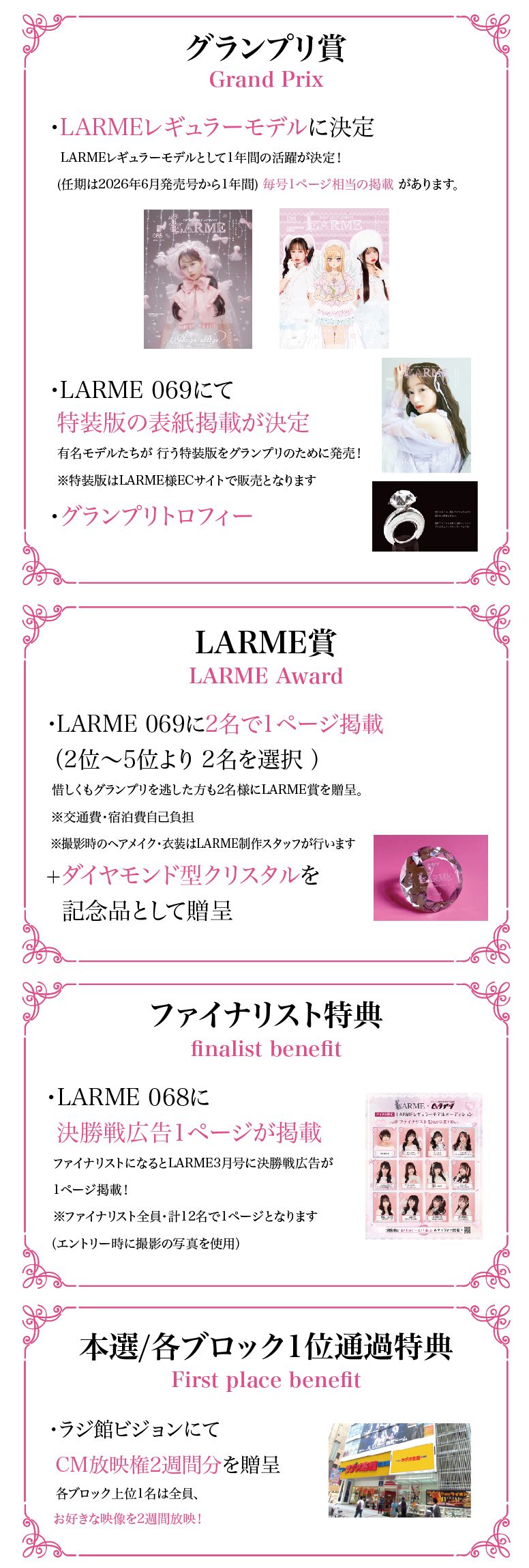 グランプリ賞:LAERMEレギュラーモデルに決定。グランプリトロフィー他。LARME賞:LARME 069に2名で1ページ掲載。ダイヤモンド型クリスタル。ファイナリスト特典:LARME 068に決勝戦広告1ページが掲載。本選/各ブロック1位通過特典:ラジ館ビジョンにてCM放送権2週間分。